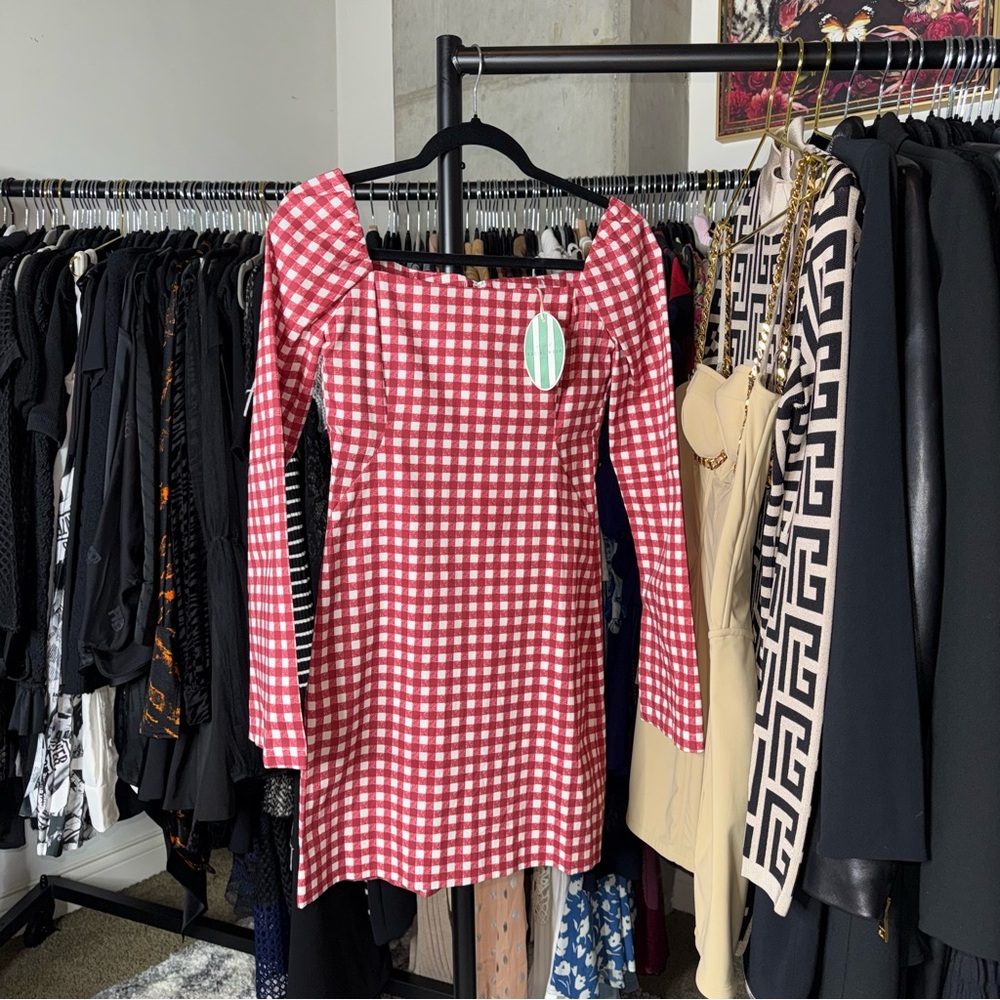 Le Club Social Wear Red Gingham Square Neck Mini Dress Womens XS New NWT - Picture 2 of 13